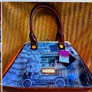 Nicole Lee Large Blue London Theme Kiss lock Satchel